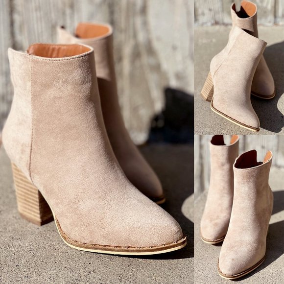 Taupe Faux Suede Pointed Toe Rivet Mini Studded Block Heel Ankle Bootie Boot - Picture 9 of 16